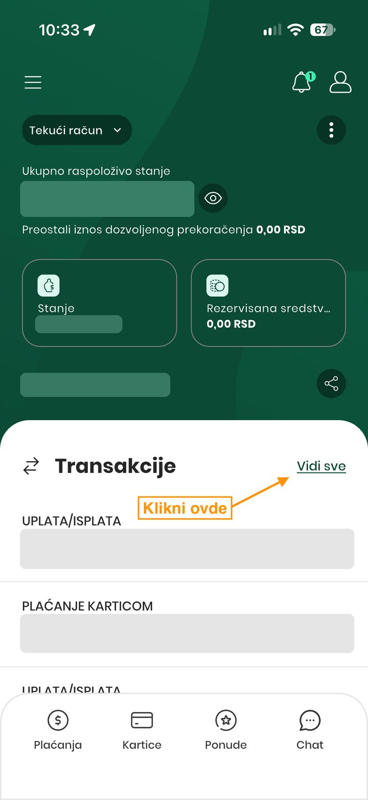 Intesa app home screen, an arrow points to Vidi sve next to Transakcije