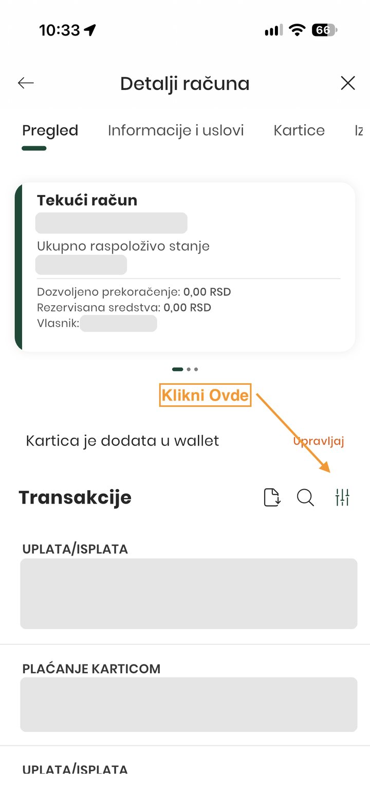 Account details, an arrow points to the filter icon right of the magnifying glass