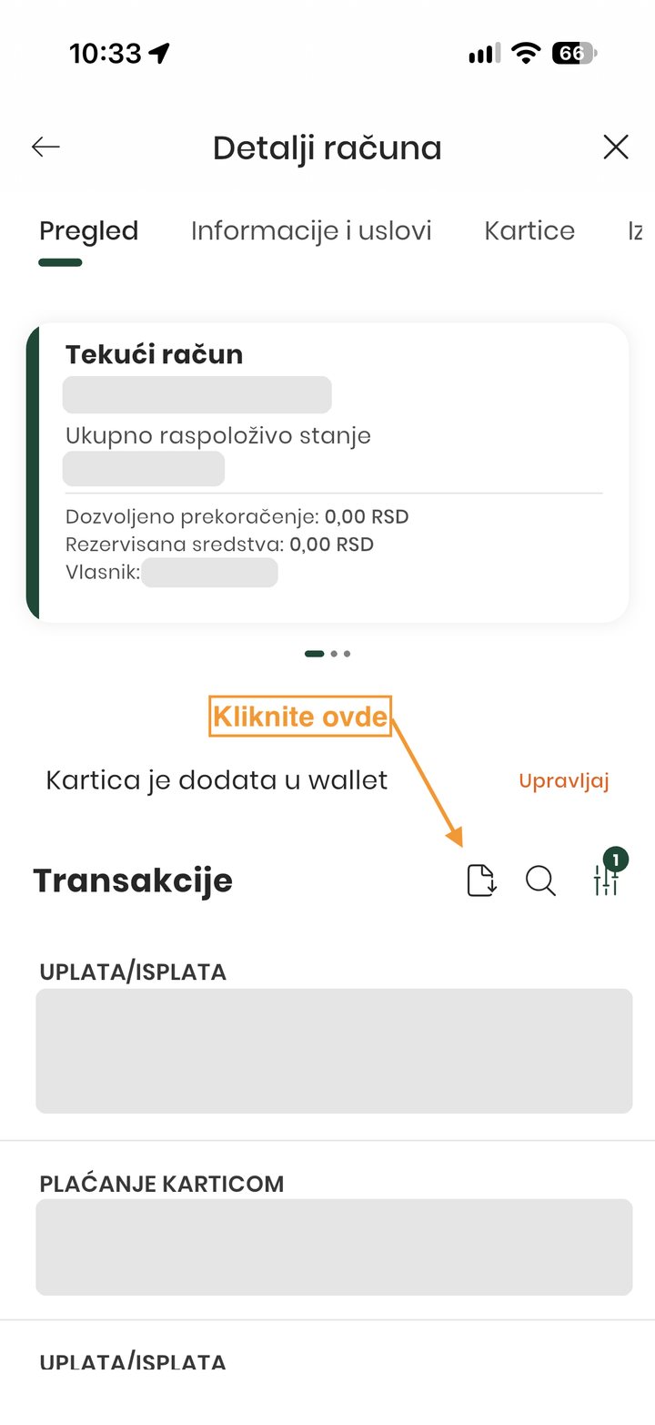 Account details, an arrow points to the download icon left of the magnifying glass