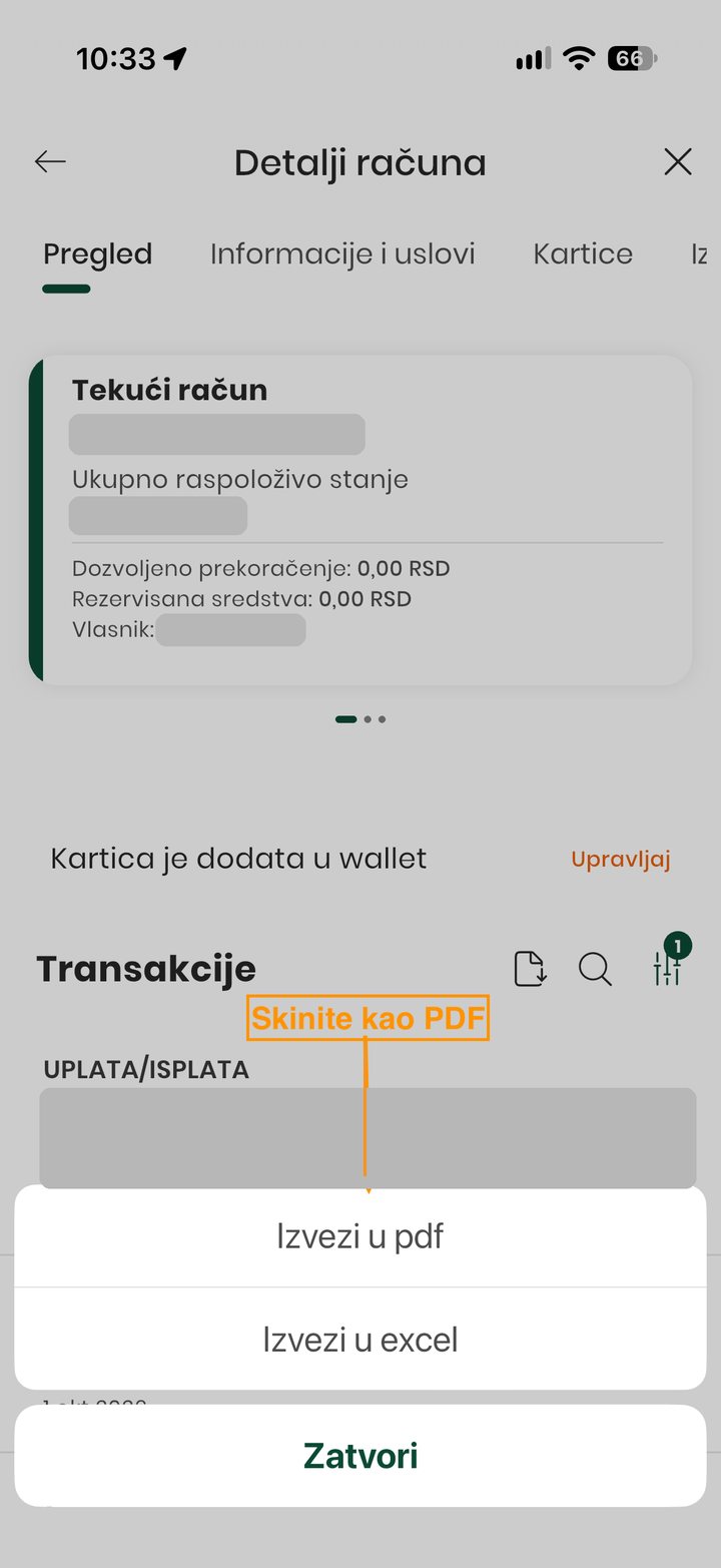 Menu with Izvezi u pdf and Izvezi u excel, an arrow points to pdf